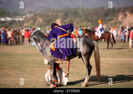 Nihang o guerriero Sikh salendo sul cavallo durante Hola Mohalla celebrazione presso Anandpur sahib nel distretto di Rupnagar ; Punjab Foto Stock