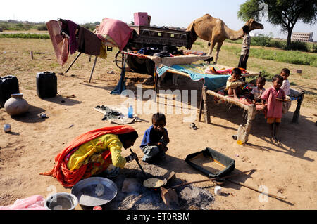 Indiano donna Rajasthana di cottura degli alimenti il pranzo roti pane in campo aperto con la famiglia ; Jodhpur ; Rajasthan ; India Signor#786 Foto Stock
