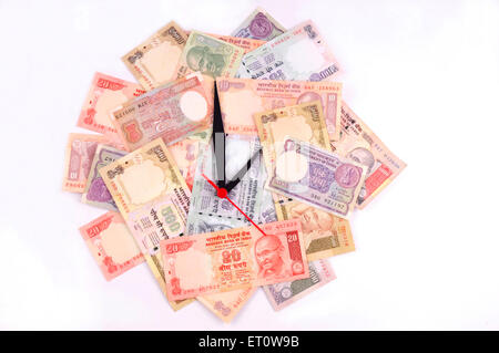 Orologio da parete con quadrante della rupia indiana di carta moneta di denaro Foto Stock