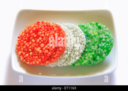 Colorato materie sabudana papad poppadom sago cycas circinalis metroxylon sagu nel rettangolo piastra su sfondo bianco Foto Stock