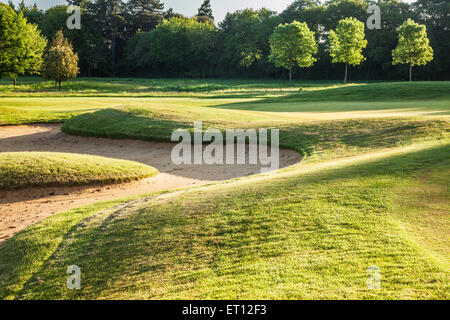 Un bunker su un tipico campo da golf in inizio di mattina di sole. Foto Stock