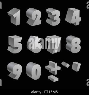 Argento 3d numeri font isolato su sfondo nero. EPS RGB 10 elementi vettoriali impostato Illustrazione Vettoriale