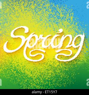 Disegnato a mano molla di parole scritte sulla colorata gli spruzzi di vernice sullo sfondo. EPS RGB 10 illustrazione vettoriale Illustrazione Vettoriale