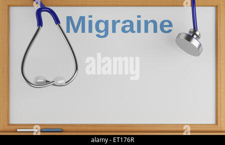 3d'illustrazione. Lo stetoscopio e lavagna con l'emicrania. Concetto medico Foto Stock