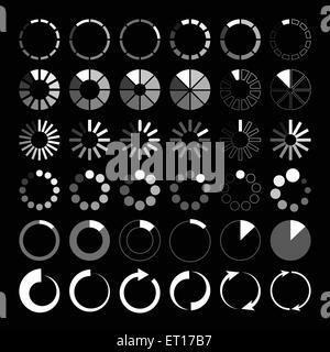 36 Bianco e grigio caricando le icone su sfondo nero. EPS RGB 10 elementi vettoriali impostato Illustrazione Vettoriale