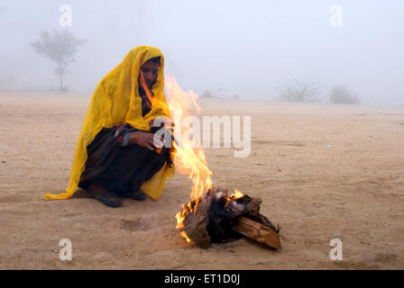 Uomo con panno giallo riscaldamento fire ; Jodhpur ; Rajasthan ; India NOMR Foto Stock