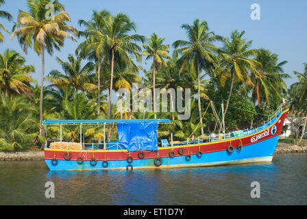 Barca sulla banca del fiume di ashtamudi ; Quilon ; Alleppey ; Kerala ; India Foto Stock