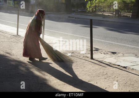 Spazzatrice stradale di pulizia a Jaipur in Rajasthan in India Foto Stock