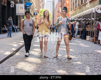 Gli amanti dello shopping ricerca di occasioni tra il caos delle opere di alloggiamento street fair su Crosby Street a New York quartiere di Soho, domenica 7 giugno, 2015. Opere di alloggiamento aiuti le persone colpite dal virus HIV/AIDS ha la vendita annuale in cui migliaia di libri, film, le registrazioni e i capi di abbigliamento sono venduti per un dollaro o meno, attirando migliaia di persone. (© Richard B. Levine) Foto Stock