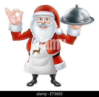 Una illustrazione se un cartone animato Santa Claus chef o cuoco carattere indossando un grembiule tenendo un piatto o vassoio di cibo Foto Stock