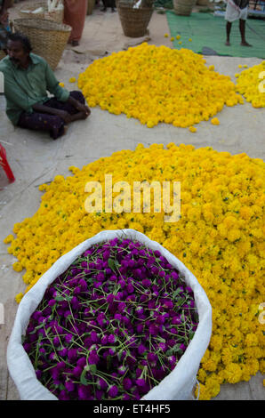 I fiori sono impilati in vendita presso Thovalai mercato dei fiori Foto Stock