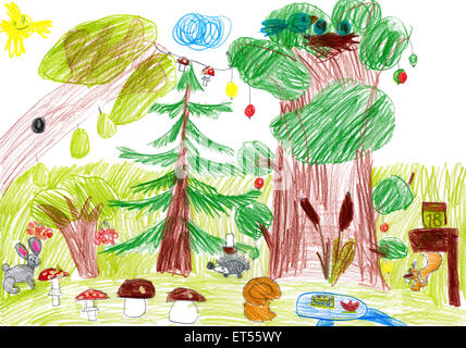 Foresta e animali selvatici. bambino disegno Foto Stock