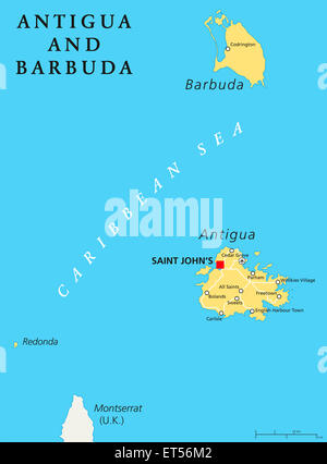 Antigua e Barbuda Mappa Politico con capitale Saint Johns e luoghi importanti. Etichetta inglese e la scala. Illustrazione. Foto Stock