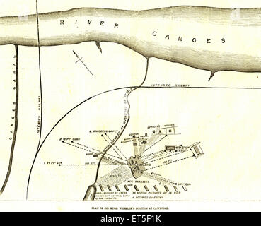 Militari e tire mutiny viste mappa piano di Sir Hugh Wheeler la posizione di Chwnpore ; ; Kanpur Uttar Pradesh ; India Foto Stock