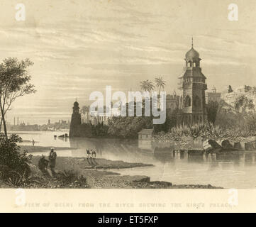 Red Fort, Yamuna River, Delhi, India, indiano, Ribellione indiana, vista militare, viste del Mutiny, Mutiny di Sepoy, vecchio quadro d'epoca del 1800 Foto Stock