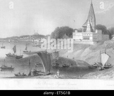 Tempio indù, Ganga fiume Ganges, Banaras, Benares, Varanasi, Utttar Pradesh, India, Asia, Asia, India, incisione in acciaio del 1800 d'epoca Foto Stock