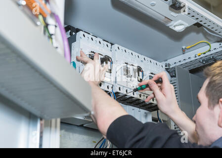 Elettricista avvitamento cavo nella scatola dei fusibili di distribuzione, Monaco di Baviera, Germania Foto Stock