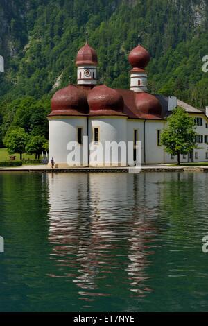 Chiesa del pellegrinaggio di San Bartolomeo sul lago di Königssee, Alta Baviera, Baviera, Germania Foto Stock