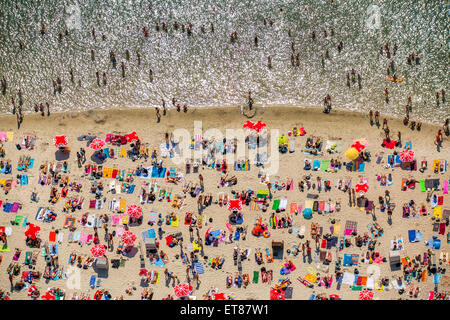 Spiaggia al tramonto, bagnanti sugli asciugamani a Escher, lago di Colonia, nella Renania, Nord Reno-Westfalia, Germania Foto Stock