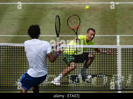 Stuttgart, Germania. 12 Giugno, 2015. Philipp KOHLSCHREIBER: risultati nei (R) della Repubblica federale di Germania presso la net durante il trimestre finale di ATP torneo di tennis contro Gael Monfils di Francia a Stoccarda, Germania, 12 giugno 2015. Foto: MARIJAN MURAT/DPA/Alamy Live News Foto Stock