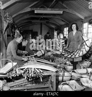 Trug maker in Herstmonceux, East Sussex, l'industria locale è la realizzazione del famoso Sussex Trug cesti. Il trugs sono fatti a mano da willow scheda ed i telai sono di chesnut. Adzes sono utilizzati nella sagomatura e taglio di legno in piantagioni locali. Trug ceste sono state fatte in primo luogo dalla fine il sig. Thomas Smith, oltre un centinaio di anni fa e il settore è ora svolte dalla sua famiglia. Sono Trugs dollar salariati - molti sono inviati in America. Dicembre 1952 Foto Stock