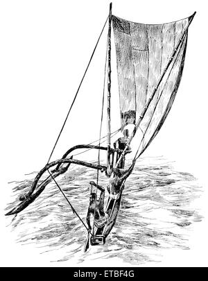 Navigare in barca dei pescatori i cingalesi, Ceylon, 'Classico portafoglio di vettori primitivi', da Marshall M. Kirman, ferroviarie del mondo Publ. Co., illustrazione, 1895 Foto Stock