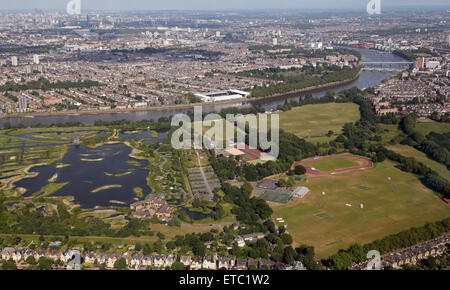 Vista aerea del WWT London Wetland Centre presso Barnes, London SW13, Regno Unito Foto Stock