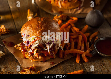 In casa tirata Sandwich di Pollo con Coleslaw e patatine fritte Foto Stock