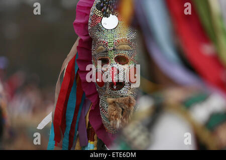 Kukeri bulgari ballerini indossano maschere durante il ventiquattresimo 'Surva " Festival Internazionale di Masquerade giochi nella città di Pernik, a ovest della capitale Sofia. 5 mila persone prenderanno parte ai tre giorni del festival dedicato a un antico bulgaro rito pagano. Surva è eseguita da uomini in costume, adornate in pelo di animali e colorati di indumenti, campane e spaventose maschere, che cammina intorno e danza per spaventare gli spiriti malvagi, fornendo così un buon raccolto, salute, fertilità e felicità durante l'anno. Dotato di: atmosfera dove: Pernik, Bulgaria quando: 31 Gen 2015 Credit: Impatto Premere Gruppo/WENN.com Foto Stock