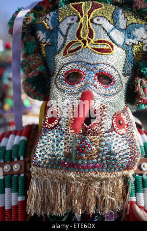 Kukeri bulgari ballerini indossano maschere durante il ventiquattresimo 'Surva " Festival Internazionale di Masquerade giochi nella città di Pernik, a ovest della capitale Sofia. 5 mila persone prenderanno parte ai tre giorni del festival dedicato a un antico bulgaro rito pagano. Surva è eseguita da uomini in costume, adornate in pelo di animali e colorati di indumenti, campane e spaventose maschere, che cammina intorno e danza per spaventare gli spiriti malvagi, fornendo così un buon raccolto, salute, fertilità e felicità durante l'anno. Dotato di: atmosfera dove: Pernik, Bulgaria quando: 31 Gen 2015 Credit: Impatto Premere Gruppo/WENN.com Foto Stock