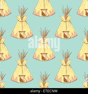 Schizzo teepee casa in stile vintage, vettore modello senza giunture Illustrazione Vettoriale