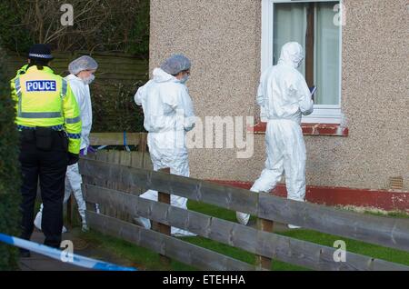 La polizia in Scozia a mantenere una presenza a 22 Parkhead Avenue, Longstone, Edimburgo, dopo un bambino è stato dichiarato morto nelle prime ore della mattina dalla polizia in Scozia. Nella foto è la polizia Scozia forensics frequentando la proprietà a riarsa Avenue di studiare ulteriormente la morte del bambino e i membri del pubblico che stabilisce i fiori al di fuori della casa di Edimburgo. Dotato di: polizia, atmosfera, pubblico, bambino, funzionari di polizia, vista in cui: Edimburgo, Regno Unito quando: 04 Feb 2015 Credit: WENN.com Foto Stock