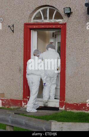 La polizia in Scozia a mantenere una presenza a 22 Parkhead Avenue, Longstone, Edimburgo, dopo un bambino è stato dichiarato morto nelle prime ore della mattina dalla polizia in Scozia. Nella foto è la polizia Scozia forensics frequentando la proprietà a riarsa Avenue di studiare ulteriormente la morte del bambino e i membri del pubblico che stabilisce i fiori al di fuori della casa di Edimburgo. Dotato di: polizia, atmosfera, pubblico, bambino, funzionari di polizia, vista in cui: Edimburgo, Regno Unito quando: 04 Feb 2015 Credit: WENN.com Foto Stock