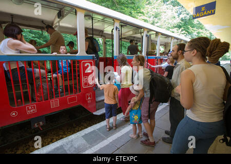 (150613) -- BUDAPEST, 13 giugno 2015 (Xinhua) -- coda ai passeggeri di salire sul treno alla stazione di Huvosvolgy dei figli di ferrovia a Budapest, Ungheria, 13 giugno 2015. Il 11.7018 km linea a scartamento ridotto corre tra Huvosvolgy e stazioni Szechenyihegy a Budapest. Esso è stato in funzionamento continuo dal primo 3.2 km di pista sono stati inaugurati il 31 luglio 1948. I motori sono pilotati da ingegneri per adulti e bambini di età compresa tra 10 a 14 sul dazio sono costantemente supervisionato da un adulto dipendenti delle ferrovie. A prescindere da questo, i bambini che svolgono il loro lavoro in proprio. I figli di ferrovia ha ricevuto il Foto Stock