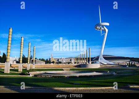 Anello Olimpico (Anella olimpica): Palau Sant Jordi, Estadi Olímpic e Montjuïc torre delle comunicazioni. Giochi Olimpici 1992.Barcelona Foto Stock