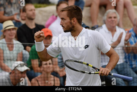 Stuttgart, Germania. 12 Giugno, 2015. Viktor Troicki della Serbia costituisce un pugno durante il trimestre finale di ATP torneo di tennis contro Groth dell Australia a Stoccarda, Germania, 12 giugno 2015. Foto: MARIJAN MURAT/DPA/Alamy Live News Foto Stock