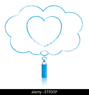 Matita blu con disegno di riflessione Icona cuore in soffice nuvola pensare a forma di bolla su sfondo bianco Foto Stock