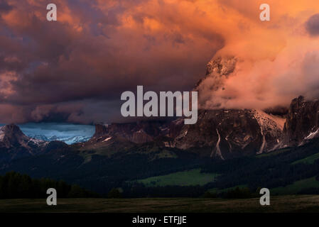 Monte Sassolungo e Sassopiatto in montagna alpenglow, luce, vista dall alpe di Siusi Alto Adige - Italia Foto Stock