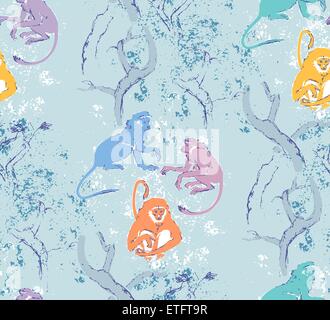 Abstract grungy seamless pattern. Alberi e scimmie. Foresta esotica sfondo motif Illustrazione Vettoriale