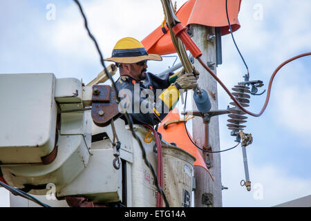 Lineman utilizza un elevato della piattaforma di lavoro denominato 'cherry picker' per riparare le linee elettriche in alto su un polo utilità. Foto Stock