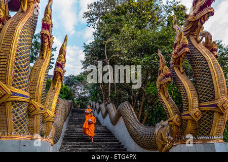 Asia. Thailandia Chiang Mai. I giovani monaci buddisti sulla loro mattina processione per le offerte di cibo nei pressi di un monastero. Foto Stock