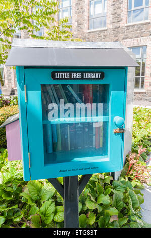 'Piccola libreria gratuita' book swap caso pieno di libri. Foto Stock