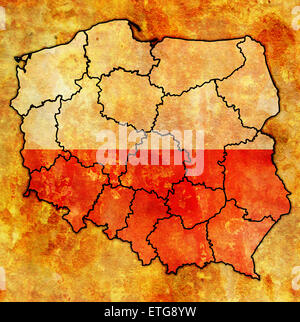 Regioni polacche sulla mappa di amministrazione della Polonia con bandiera Foto Stock