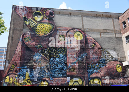 Montreal, Canada. Xiii Giugno, 2015. Il murale è un pubblico internazionale art festival che richiama artisti da tutto il mondo. Il murale del festival mira a celebrare la creatività della città e di democratizzare l'arte in un contesto di strada.murale Festival si svolge a Montreal dal 4 Giugno al 14 giugno 2015 di quest'anno. Credito: Megapress/Alamy Live News Foto Stock