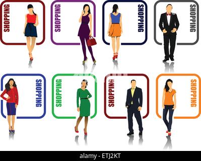 Otto icone dello shopping con l uomo e la donna l'immagine. Illustrazione Vettoriale Illustrazione Vettoriale