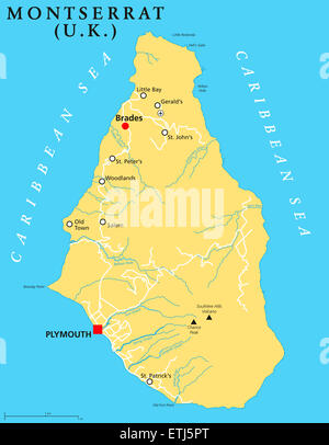 Montserrat Mappa Politico con capitale Plymouth, importanti luoghi e fiumi. Etichetta inglese e la scala. Illustrazione. Foto Stock