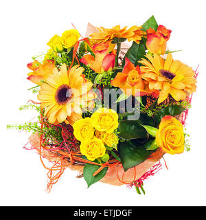 Bouquet di gerbera, garofani e altri fiori isolati su sfondo bianco. Foto Stock