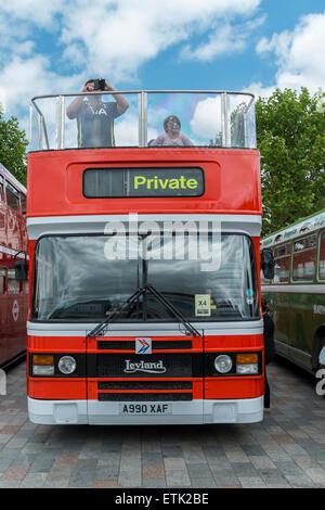 Salisbury, Regno Unito. 14 Giugno, 2015. Wilts & Dorset centenario evento ha avuto luogo a Salisbury, Piazza del Mercato. Ci sono stati 70 autobus frequentando il giorno 50 dei quali saranno operanti sulle rotte in ed intorno a Salisbury che si può correre su per libero! Gli altri erano sul display per voi a vedere nella piazza del mercato. Credito: Paul Chambers/Alamy Live News Foto Stock