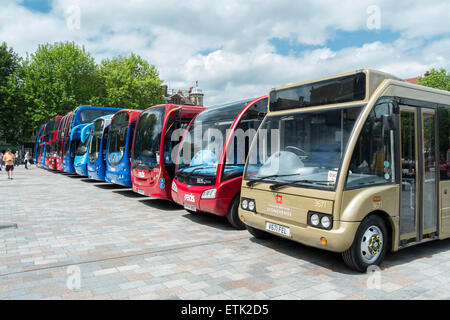 Salisbury, Regno Unito. 14 Giugno, 2015. Wilts & Dorset centenario evento ha avuto luogo a Salisbury, Piazza del Mercato. Ci sono stati 70 autobus frequentando il giorno 50 dei quali saranno operanti sulle rotte in ed intorno a Salisbury che si può correre su per libero! Gli altri erano sul display per voi a vedere nella piazza del mercato. Credito: Paul Chambers/Alamy Live News Foto Stock