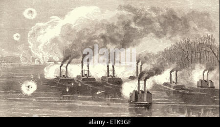 Battaglia di Fort Henry, 4 febbraio 1862 - USS San Louis, USS Carondelet USS Cincinnati, USS Lexington, USS Canestoga - USA GUERRA CIVILE Foto Stock